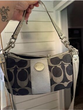 Vintage Coach denim Signature Canvas Shoulder Bag with Silver Trim crossbody